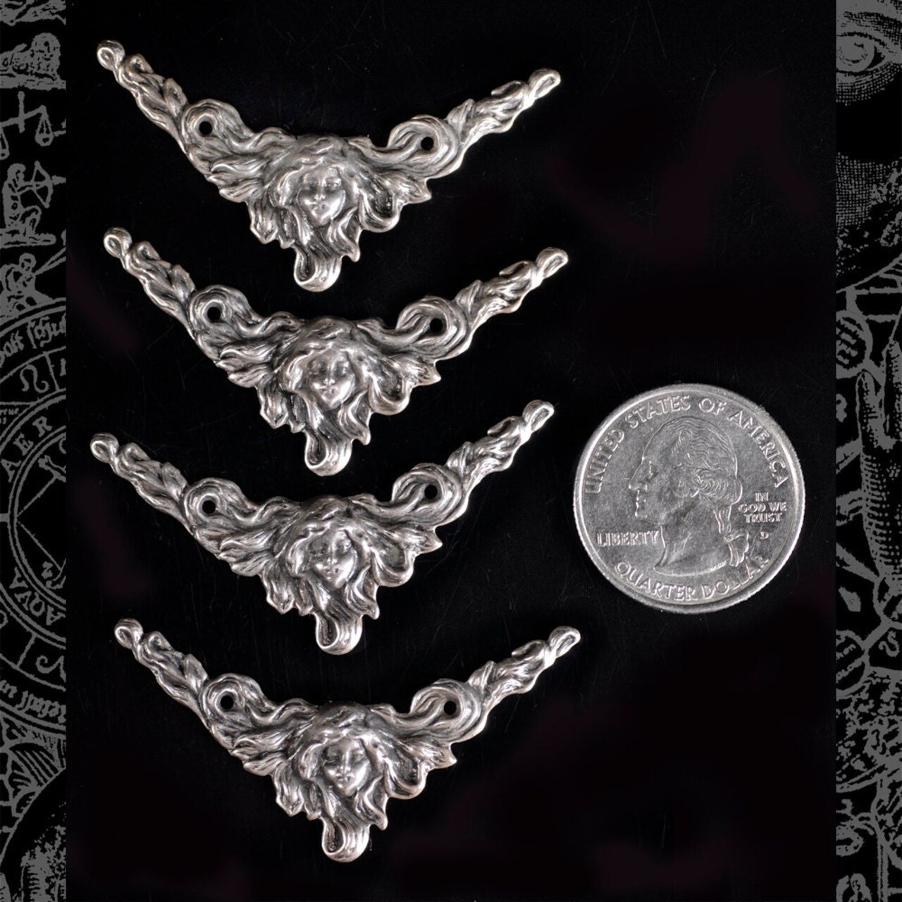 Antiqued Silver Plated Brass Woman with Flowing Hair Vintage Art Deco Corners or Connectors- Set of Four - S-2C54